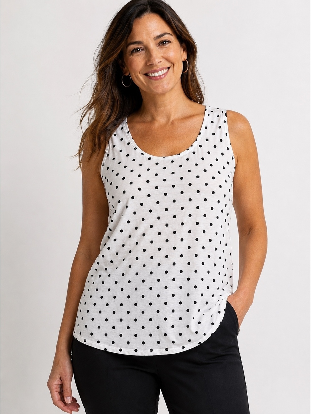Chico’s Size 1 (Medium) White Black Polka Dot Sleeveless Tank Top Cotton Modal